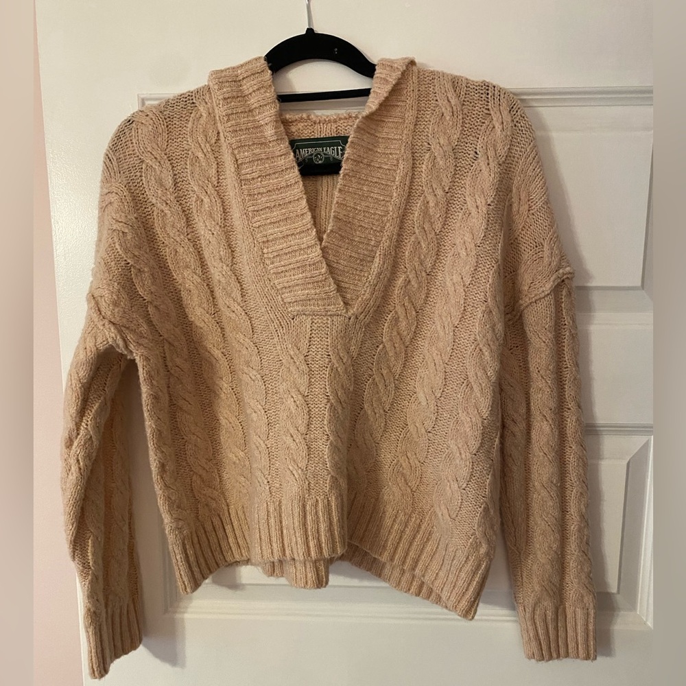 American Eagle Women's Light Pink Cable Knit V-Neck Sweater